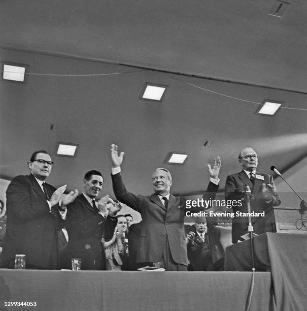 Conservative leader Edward Heath during the Conservative Party Conference in Blackpool, UK, October 1966. From left to right, Reginald Maudling,...