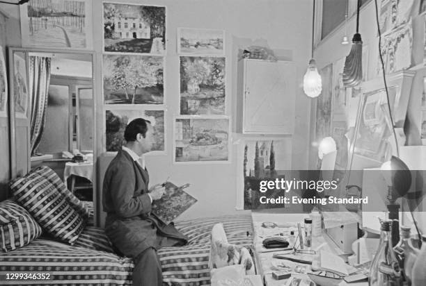 English actor Peter Sallis works on his paintings, UK, 13th September 1966.