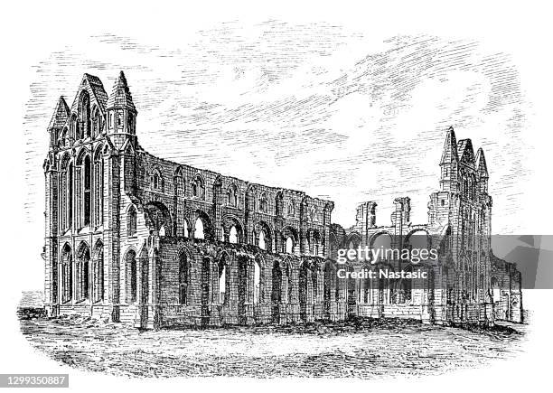 whitby abbey ruins in whitby, england - 19th century - abbey stock illustrations