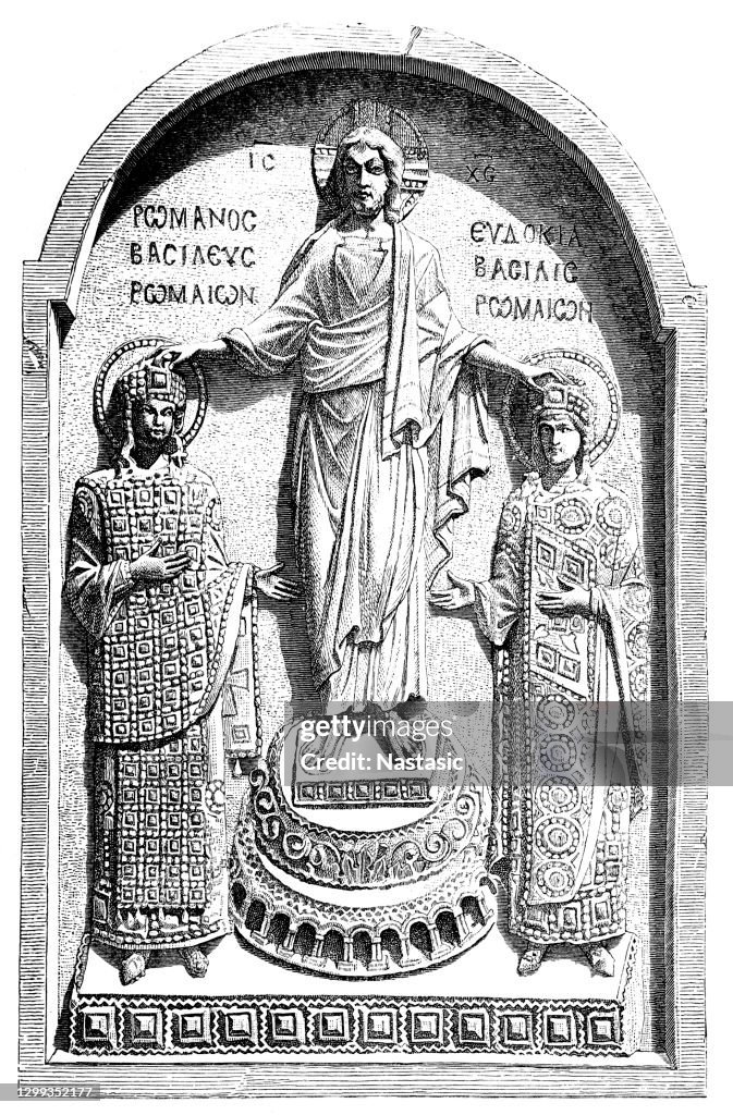 Romanos IV and Eudokia Makrembolitissa, Greek inscription: Romanos Basileus Romaion, Romanos King of the Romans, ivory relief, Paris