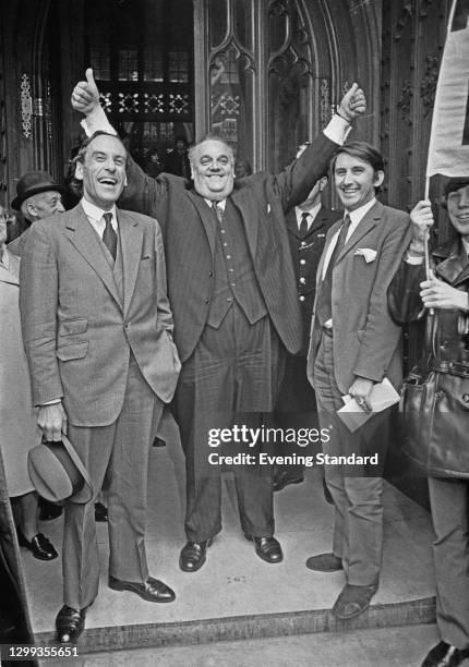 From left to right, Liberal politicians Jeremy Thorpe , Cyril Smith and David Steel outside the Houses of Parliament in London, UK, 2nd November...