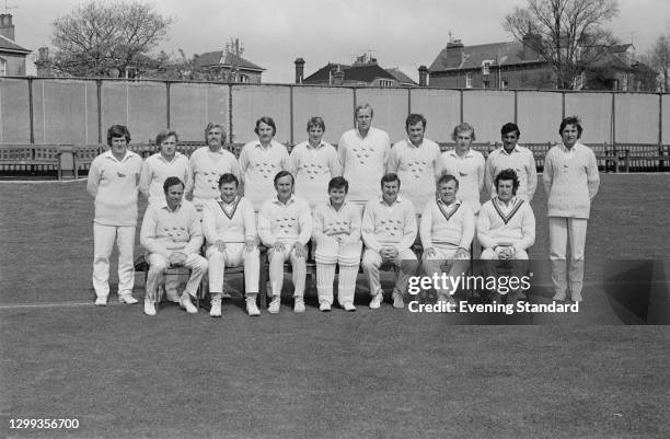 Members of Sussex County Cricket Club, UK, 26th May 1972. Sixth from the left at the back is Tony Greig, 3rd from the left at the front is Ted Dexter...