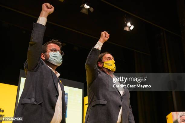 The candidate for ERC, Pere Aragonés and the politician Oriol Junqueras during the Esquerra Republicana act election campaign on January 29, 2021 in...