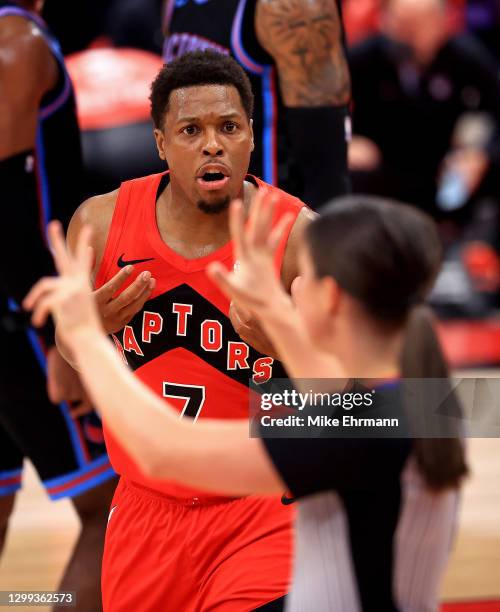 Kyle Lowry of the Toronto Raptors argues with umpire Natalie Sago during a game against the Sacramento Kings at Amalie Arena on January 29, 2021 in...