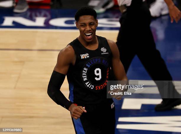 Barrett of the New York Knicks celebrates after drawing the foul in the fourth quarter against the Cleveland Cavaliers at Madison Square Garden on...