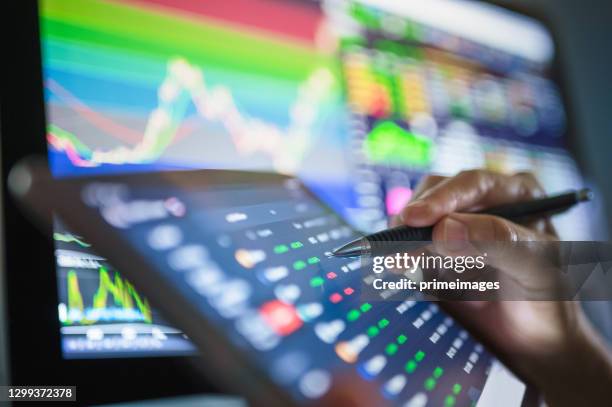 businessperson using mobile online trading with ticker and bid - offer by fundamental analysis - bid offer stock pictures, royalty-free photos & images