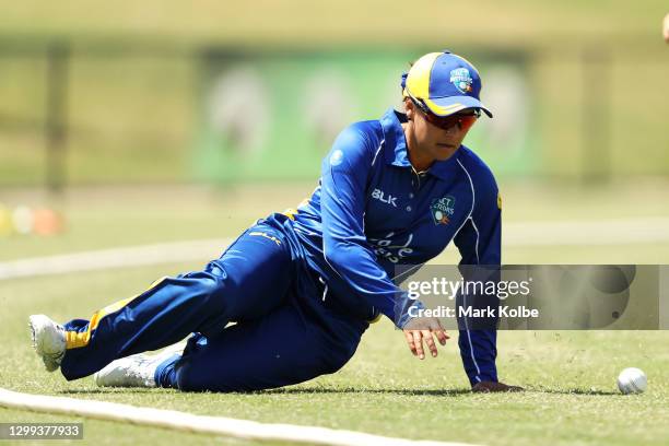 Angela Reakes of the Meteors fields during the WNCL match between the Queensland Fire and ACT Meteors at EPC Solar Park on January 30, 2021 in...