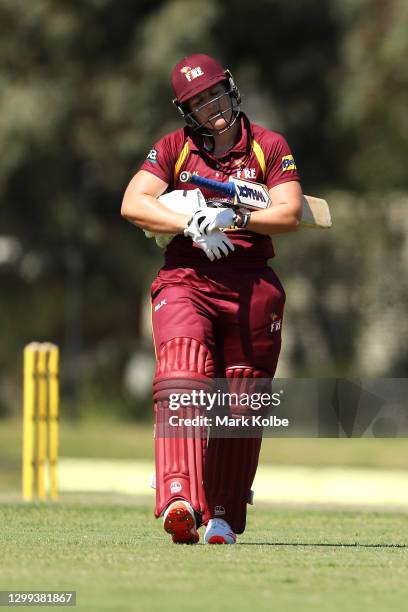 Laura Harris of the Fire looks dejected after being dismissed during the WNCL match between the Queensland Fire and ACT Meteors at EPC Solar Park on...
