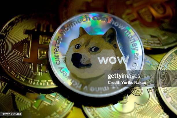 In this photo illustration, visual representations of digital cryptocurrencies, Dogecoin and Bitcoin are arranged on January 29, 2021 in Katwijk,...