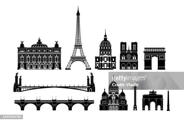 paris iconic landmarks and monuments - arc de triomphe paris stock illustrations