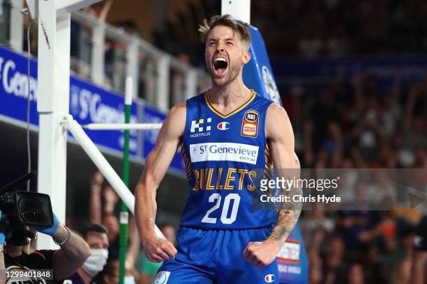 Nathan Sobey of the Bullets celebrates during the round three NBL match between the Brisbane Bullets and the Cairns Taipans at Nissan Arena, on...