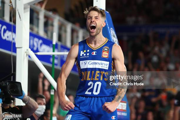 Nathan Sobey of the Bullets celebrates during the round three NBL match between the Brisbane Bullets and the Cairns Taipans at Nissan Arena, on...