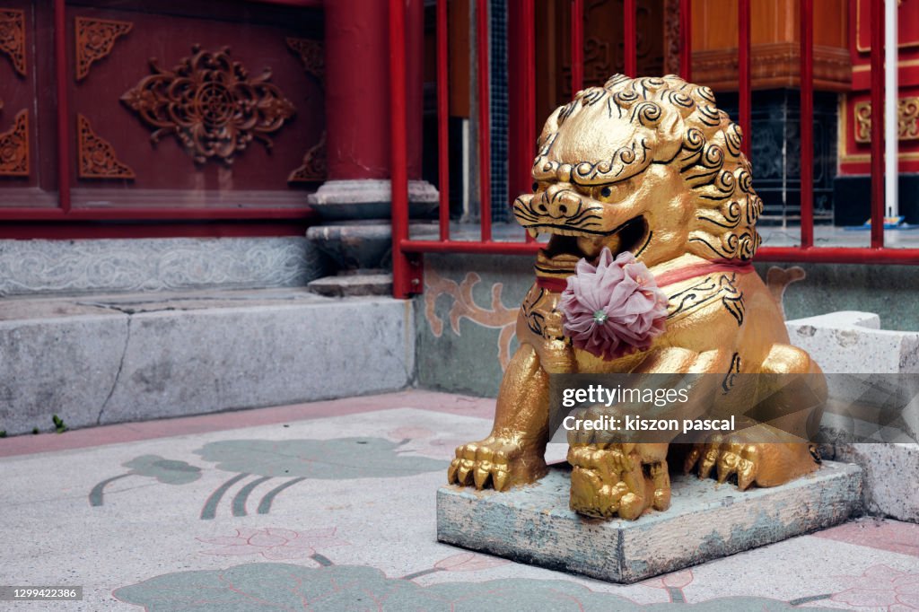Gold colored Lion statue in a Chinese temple .
