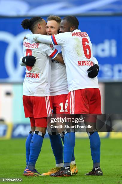 Sonny Kittel of Hamburger SV celebrates with teammates Jeremy Dudziak and David Kinsombi after scoring his team's third goal during the Second...