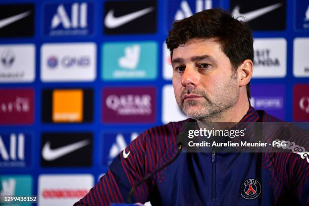 Paris Saint-Germain head coach Mauricio Pochettino answers journalists during a virtual press conference at Ooredoo center on January 30, 2021 in...