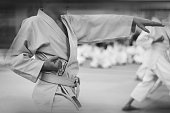Children in karate-do. Sports training and a healthy lifestyle. Stylization for an old black and white film photo.  Added film noise and motion blur.