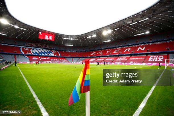 General view inside the stadium where a rainbow coloured corner flag is seen, marking the anniversary of the Liberation Day of Auschwitz prior to the...