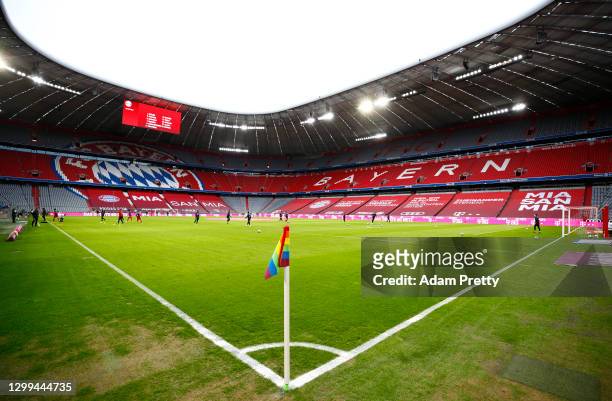 General view inside the stadium where a rainbow coloured corner flag is seen, marking the anniversary of the Liberation Day of Auschwitz prior to the...