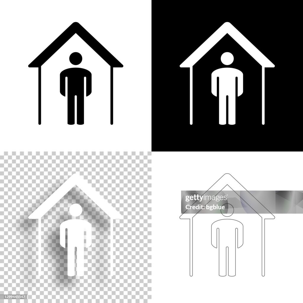 呆在家裡用於設計的圖示。空白、白色和黑色背景 - 線條圖示