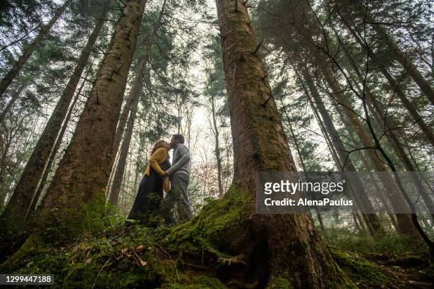 kissing couple enjoying the beautiful forest in cold misty day - rain kiss stock pictures, royalty-free photos & images