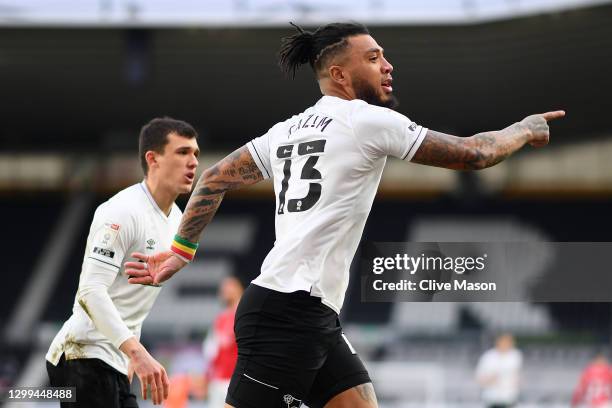 Colin Kazim-Richards of Derby County celebrates after scoring his team's first goal during the Sky Bet Championship match between Derby County and...