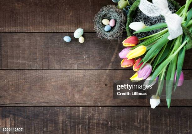 tulipas da primavera da páscoa enquadram fundo rústico - easter basket - fotografias e filmes do acervo