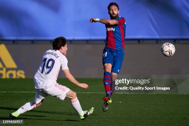 Jose Luis Morales Levante UD celebrates scoring his team's first goal during the La Liga Santander match between Real Madrid and Levante UD at...