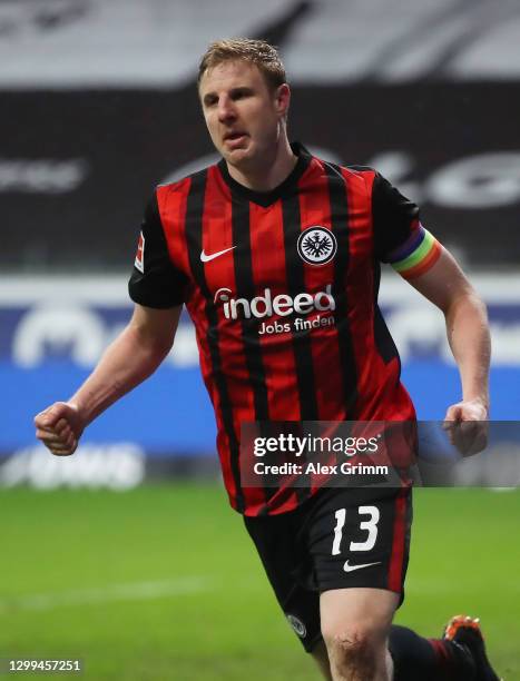 Martin Hinteregger of Eintracht Frankfurt celebrates after scoring his team's second goal during the Bundesliga match between Eintracht Frankfurt and...