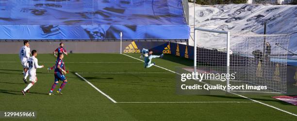 Jose Luis Morales Levante UD scores his team's first goal during the La Liga Santander match between Real Madrid and Levante UD at Estadio Alfredo Di...