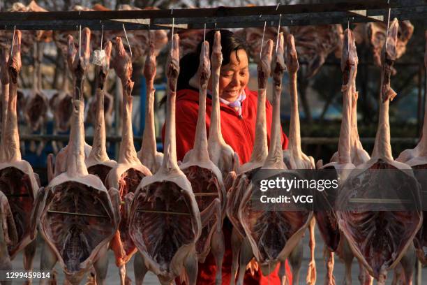 Salted chickens, salted ducks and salted fish are displayed for sale at a market ahead of Chinese New Year, the Year of the Ox, on January 30, 2021...