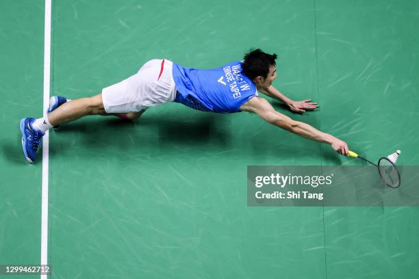 Wang Tzu Wei of Chinese Taipei competes in the Men's Singles semi finals match against Anders Antonsen of Denmark on day four of the HSBC BWF World...