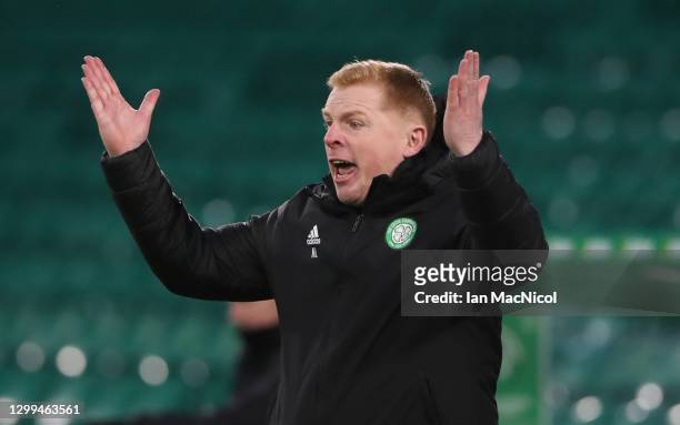 Celtic manager Neil Lennon reacts during the Ladbrokes Scottish Premiership match between Celtic and St. Mirren at Celtic Park on January 30, 2021 in...
