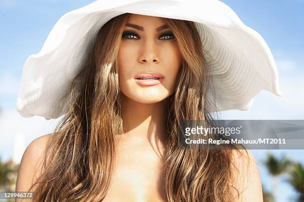 Melania Trump poses during a photo shoot at the Mar-a-Lago Club on March 26, 2011 in Palm Beach, Florida. Melania's clothes by Chanel, makeup by Tina...