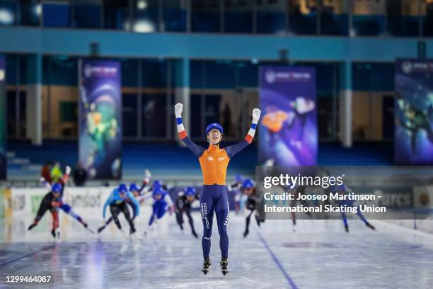 Jorrit Bergsma of Netherlands reacts in the Men's Mass Start finish during day 2 of the ISU World Cup Speed Skating at Thialf on January 30, 2021 in...