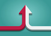 Bent arrow of two red and white ones merging on turquoise blue background.
