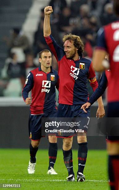 Marco Rossi of Genoa CFC celebrates after scoring the 1-1 equaliser during the Serie A match between Juventus FC and Genoa CFC on October 22, 2011 in...