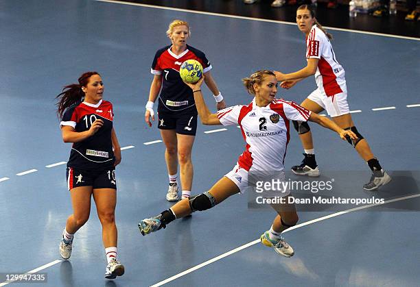 Anna Sedoykina of Russia shoots on goal during the Women's Handball Euro 2012 Qualifier between Great Britain and Russia at Crystal Palace National...
