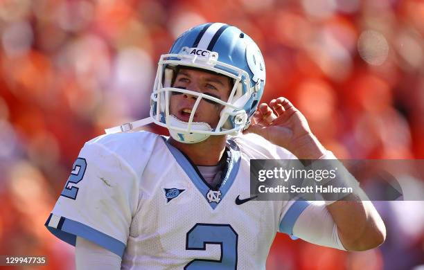 Bryn Renner of the North Carolina Tar Heels walks to the sideline in the second half against the Clemson Tigers during their game at Memorial Stadium...