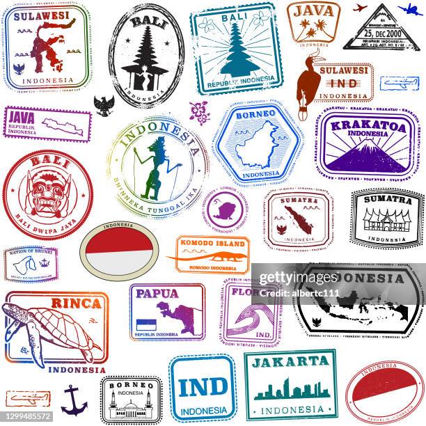 ilustraciones, imágenes clip art, dibujos animados e iconos de stock de gráficos estilo indonesia passport - bali
