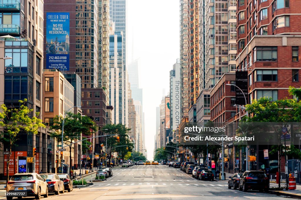 Skyscrapers at the 6th avenue early in the morning, New York City, USA