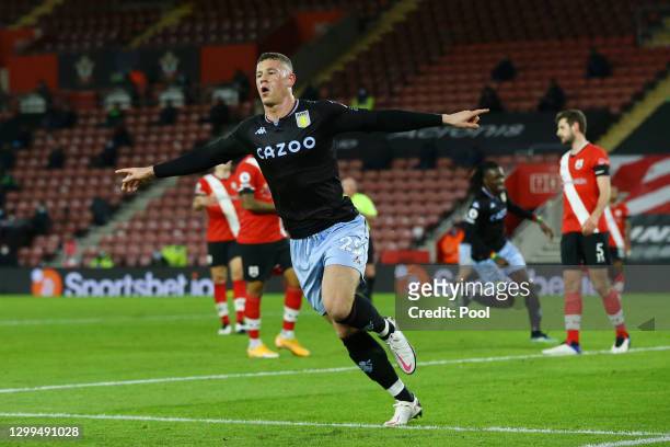 Ross Barkley of Aston Villa celebrates after scoring their side's first goal during the Premier League match between Southampton and Aston Villa at...