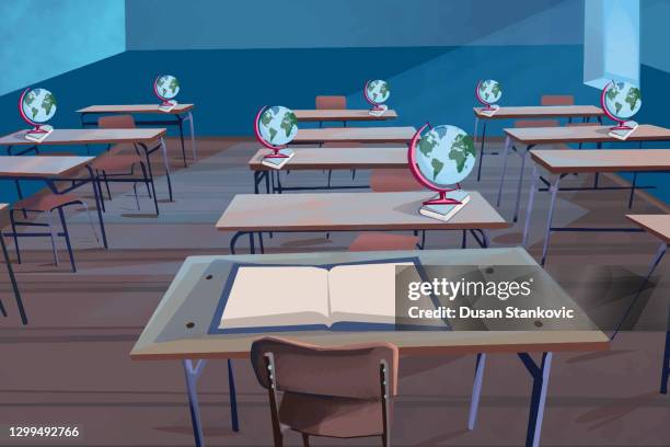 leeres klassenzimmer mit kugeln auf den schreibtischen - comic book background stock-grafiken, -clipart, -cartoons und -symbole