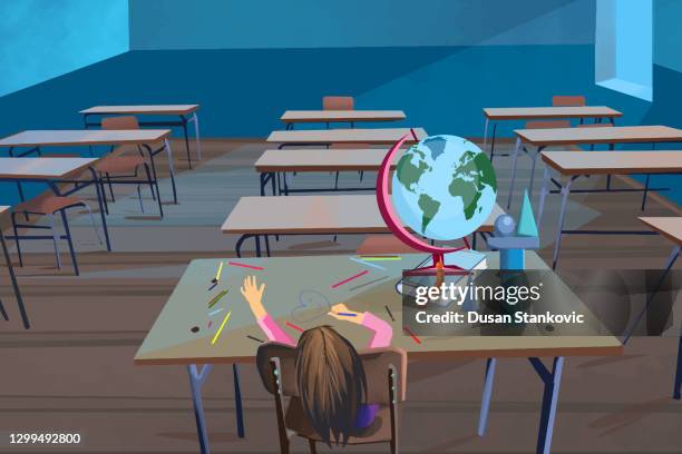 little girl in an empty classroom waiting for a class to begin - kids study table stock illustrations
