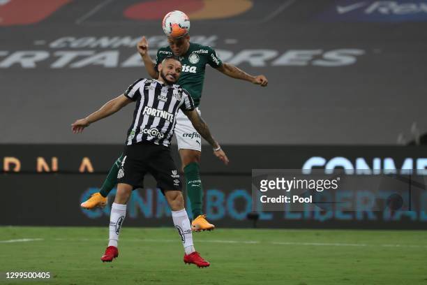 Breno Lopes of Palmeiras makes a header to score the winning goal during the final of Copa CONMEBOL Libertadores 2020 between Palmeiras and Santos at...