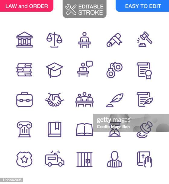 illustrazioni stock, clip art, cartoni animati e icone di tendenza di set di icone tratto modificabile per legge e ordine - sistema legale