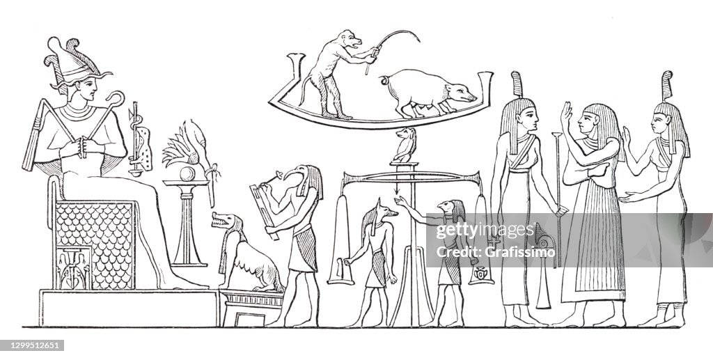 Ancient egyptian hieroglyph of Judgement in afterlife