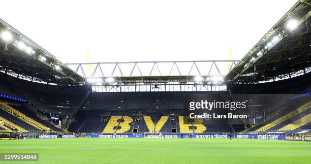 General view of the empty stands prior to the Bundesliga match between Borussia Dortmund and FC Augsburg at Signal Iduna Park on January 30, 2021 in...