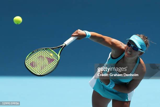 Arina Rodionova of Australia serves in her match against Caroline Garcia of France during day one of the WTA 500 Gippsland Trophy at Melbourne Park...