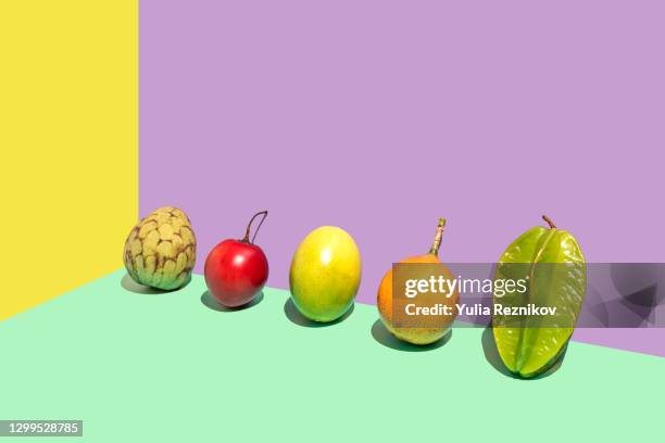 variation of tropical fruits (tamarillo,carambola, passion fruit, cherimoya,passiflora singularis/grenadilla, mara)  on the blue background - cherimoya stock-fotos und bilder