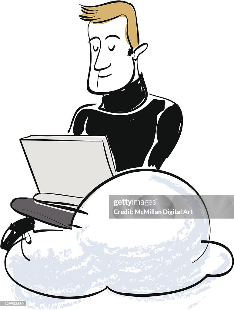 Man using laptop on cloud